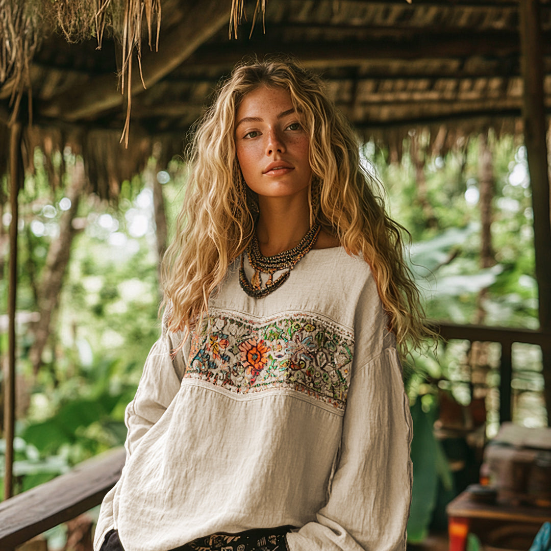 Comstylish Retro Bohemian Art Embroidery Print Cotton And Linen Blend Loose Blouse