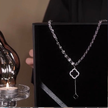 Light Black Four-petal Flower Pendant Necklace Female Niche Design Sweater Chain Flower Necklace Jewelry