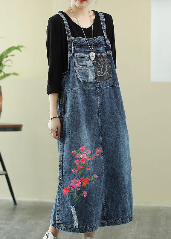 Vivid Denim Blue-red Flower Tunic Dress Slash Neck Hole Maxi Dress