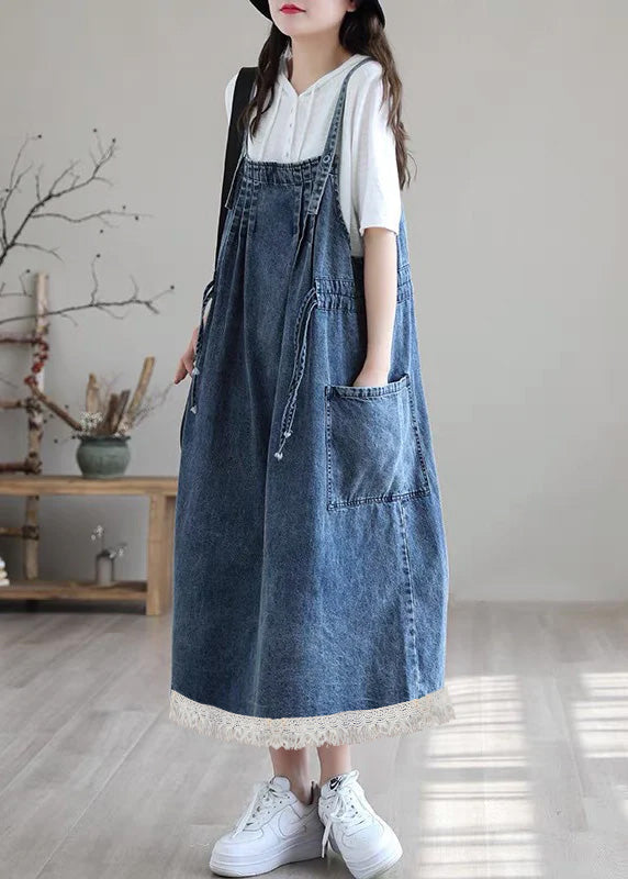 Blue-lace Drawstring Pocket Spaghetti Strap Cotton Denim Dress Spring