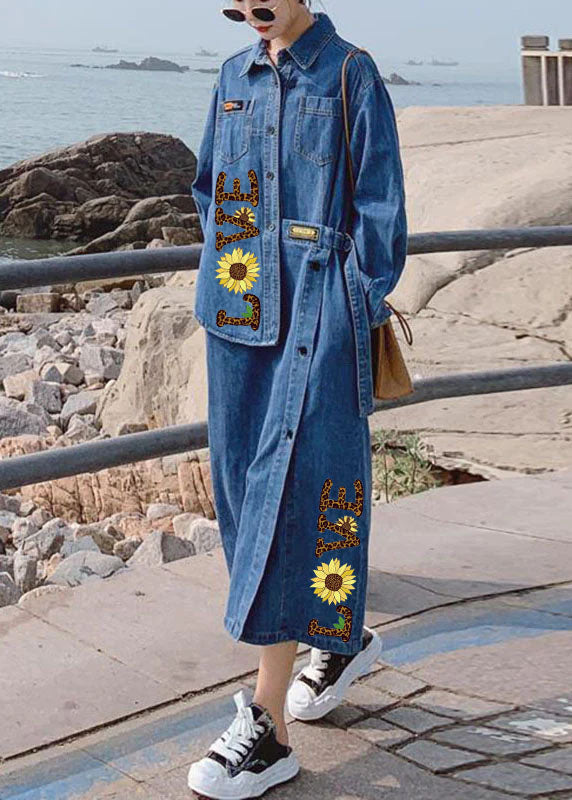 Loose Blue-love Pockets Button Asymmetrical Design Fall Denim Long Sleeve Long Dress