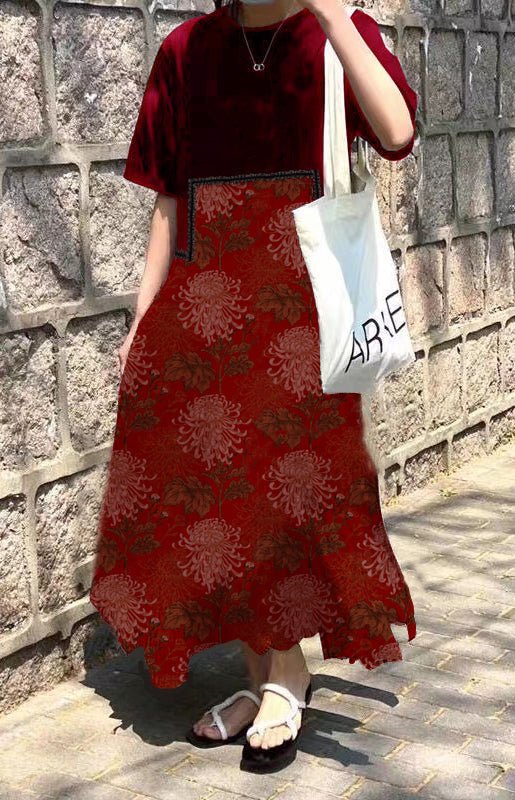Red Print O-neck Asymmetrical Plaid Mosaic Dress