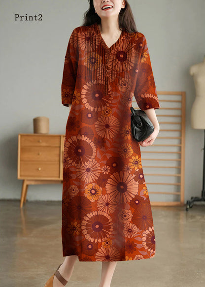 Yellow Loose Linen Long Dresses Button Half Sleeve