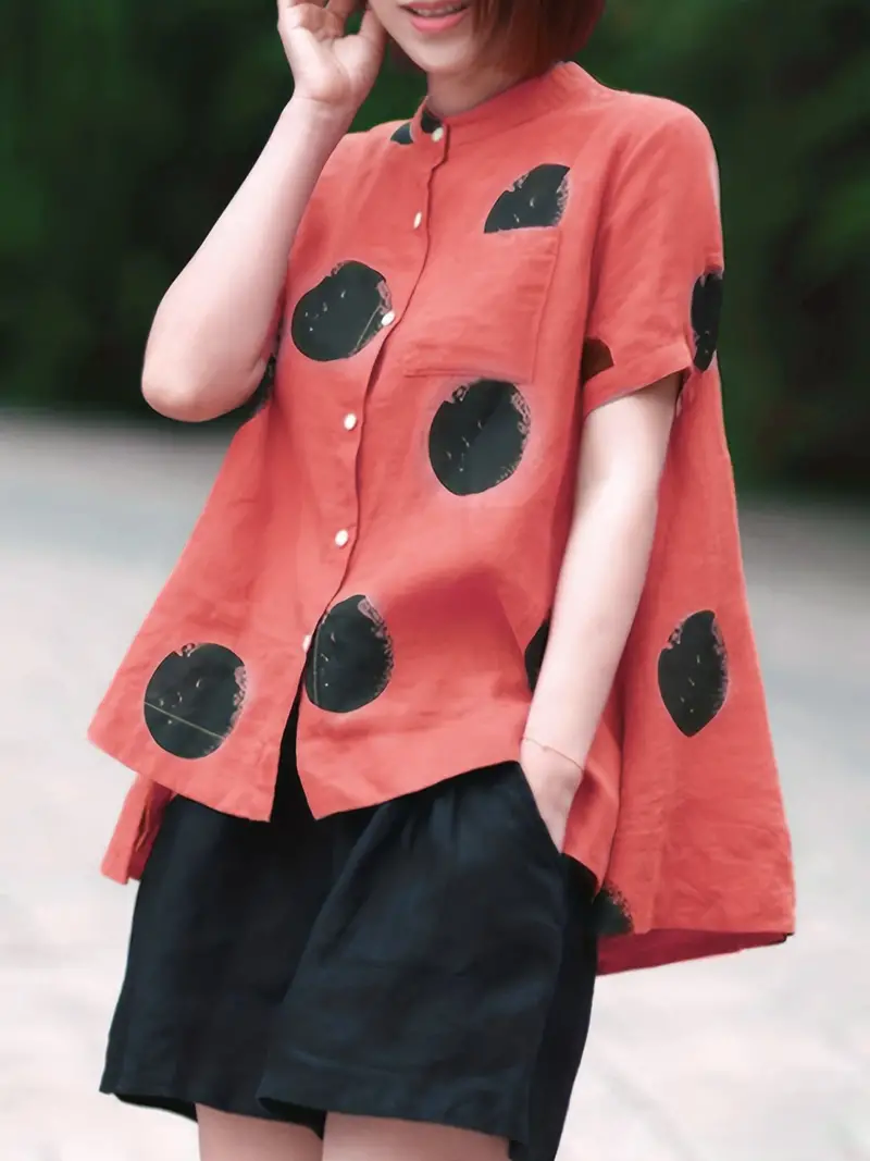 Dark Green Dot Print Patchwork Linen Top Button Stand Collar Summer