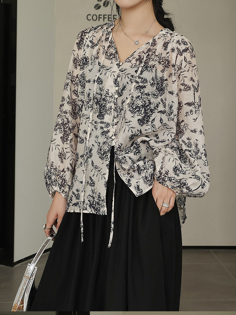 Artsy Drawstring Ornate Button Leaf Print Shirt