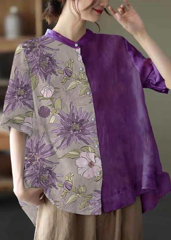 Blue Stand Collar Print Tops Half Sleeve