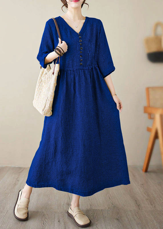 Wine Red V Neck Plaid Patchwork Button Linen Maxi Dresses Summer
