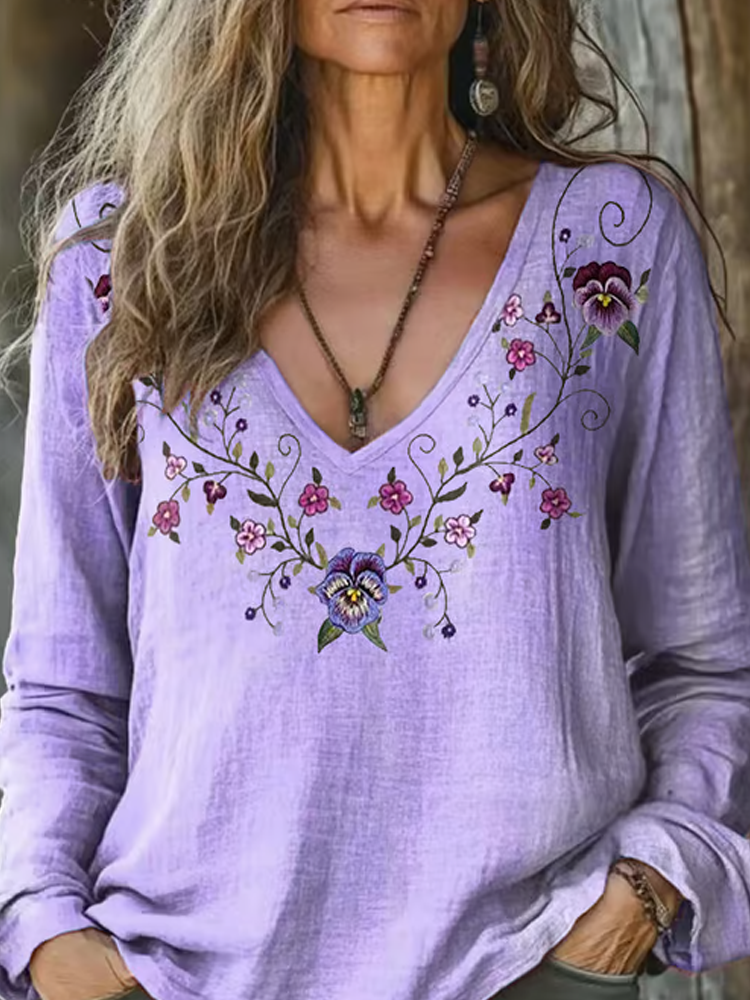 Women's Alzheimer's Floral Printed Cotton And Linen Long Sleeve Top artswardrobe
