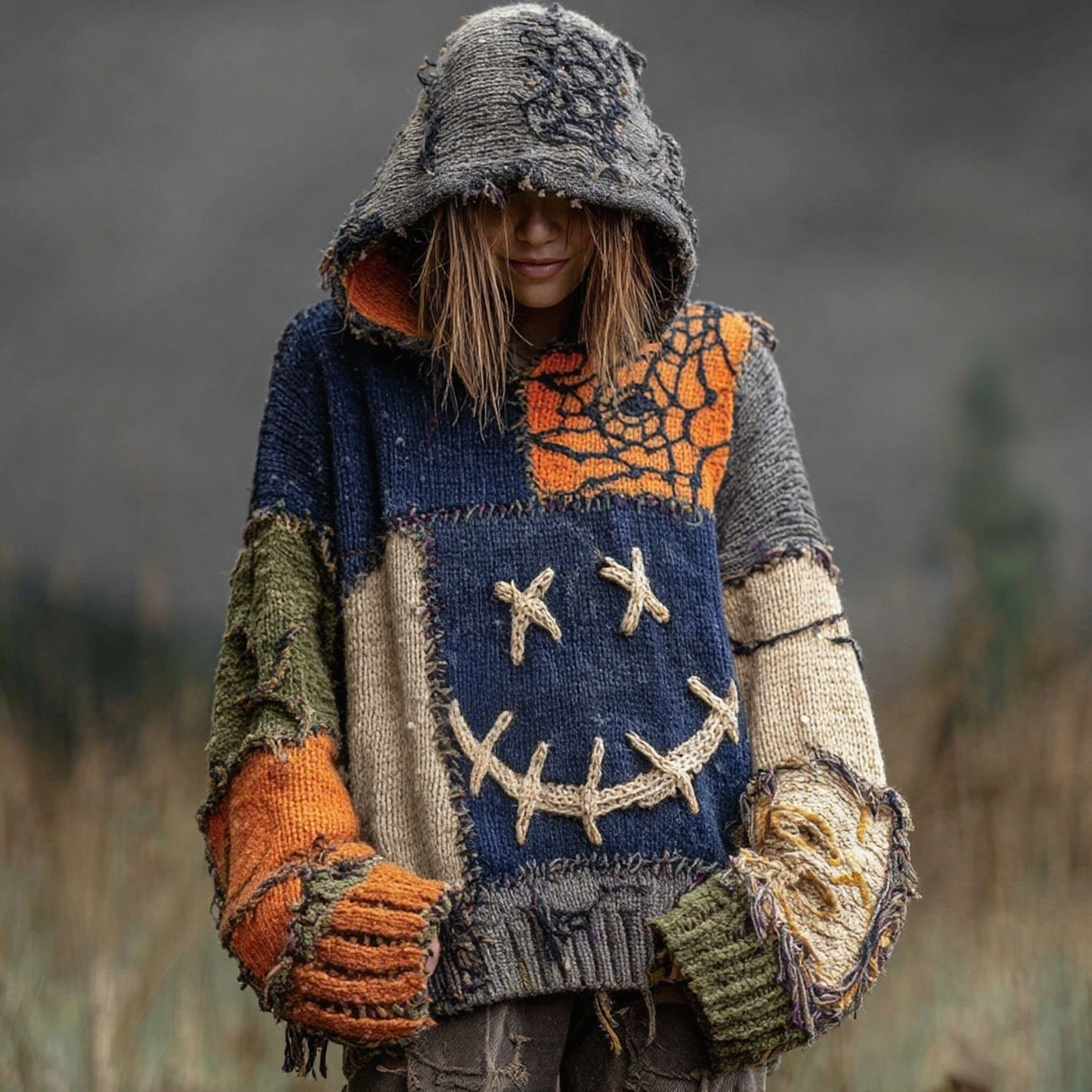 Halloween Spooky Face And Spider Web Patchwork Design Cozy Knit Hooded artswardrobe