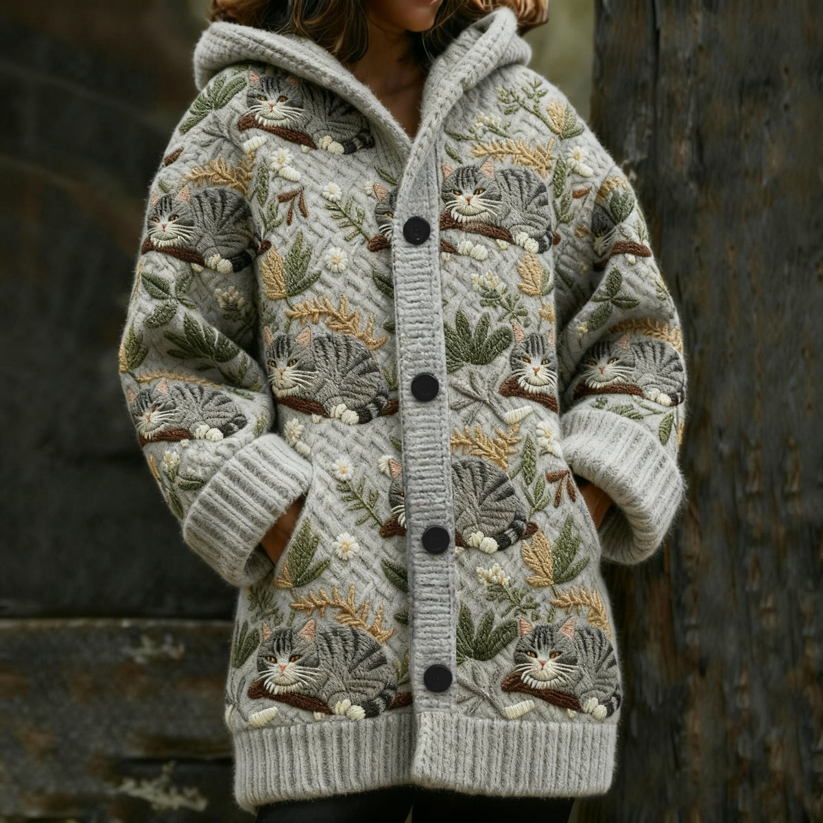 Comstylish Women's Retro Lazy Cat Graphic Jacquard Hooded Knit Cardigan