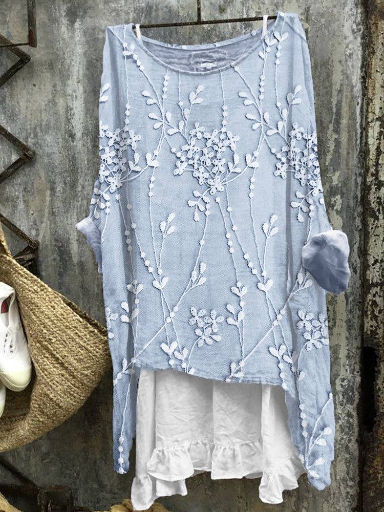 Comstylish Classy Floral Lace Embroidered Oversize Linen Blend Tunic