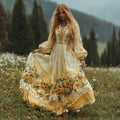 Comstylish Women's Classic Yellow Floral Art Print V-neck Long Sleeve Maxi Dress