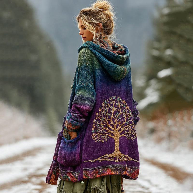 Comstylish Women's Vintage Tree Of Life Gradient Pattern Buttons Cozy Knit Hooded Cardigan