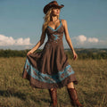 Vintage Western Horse Print V-neck Suspender Midi Dress artswardrobe