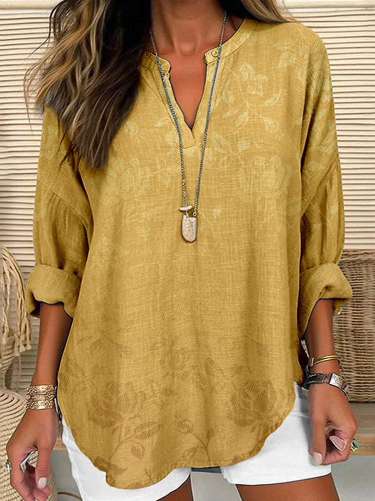 Comstylish Vintage Jacquard Pattern Linen Blend Cozy Shirt
