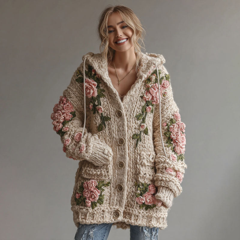 Comstylish Women's Vintage Pink Floral Art Cozy Knit Hooded Cardigan