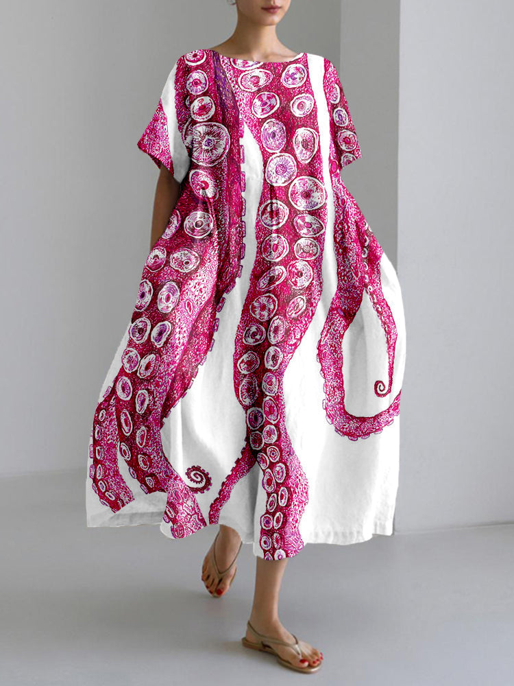 Comstylish Octopus Tentacles Art Linen Blend Cozy Maxi Dress