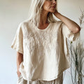Comstylish Vintage Floral Art Cotton Linen Crew Neck Shirt
