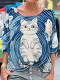 Swimming Cat & Fish Pattern Women's Linen Shirt elevenforest