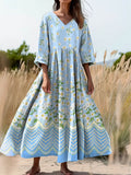 Women's Floral Art Print Flowy V-Neck Cotton Dress
