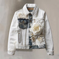 Comstylish Women's Bohemian Style White Rose Patchwork Denim Jacket