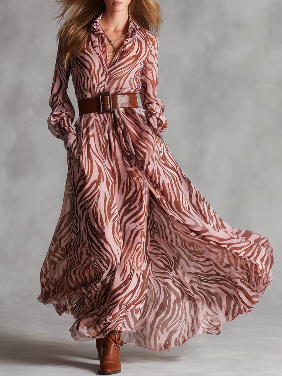 Fashion Retro Zebra Print Pink Chiffon Long Sleeve Shirt Maxi Dress