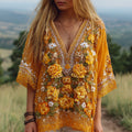 Comstylish Women's Classic Bohemian Yellow Floral Embroidery Art Linen Blend T-shirt