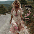 Women's Vintage Flower Embroidery Art Linen Short Sleeve Mini Dress artswardrobe