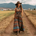 Women's Vintage Western Geometric Print V-neck Slip Maxi Dress artswardrobe