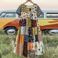 Countryside Style Collection Classy Patchwork Floral Pattern Art Linen Maxi Dress