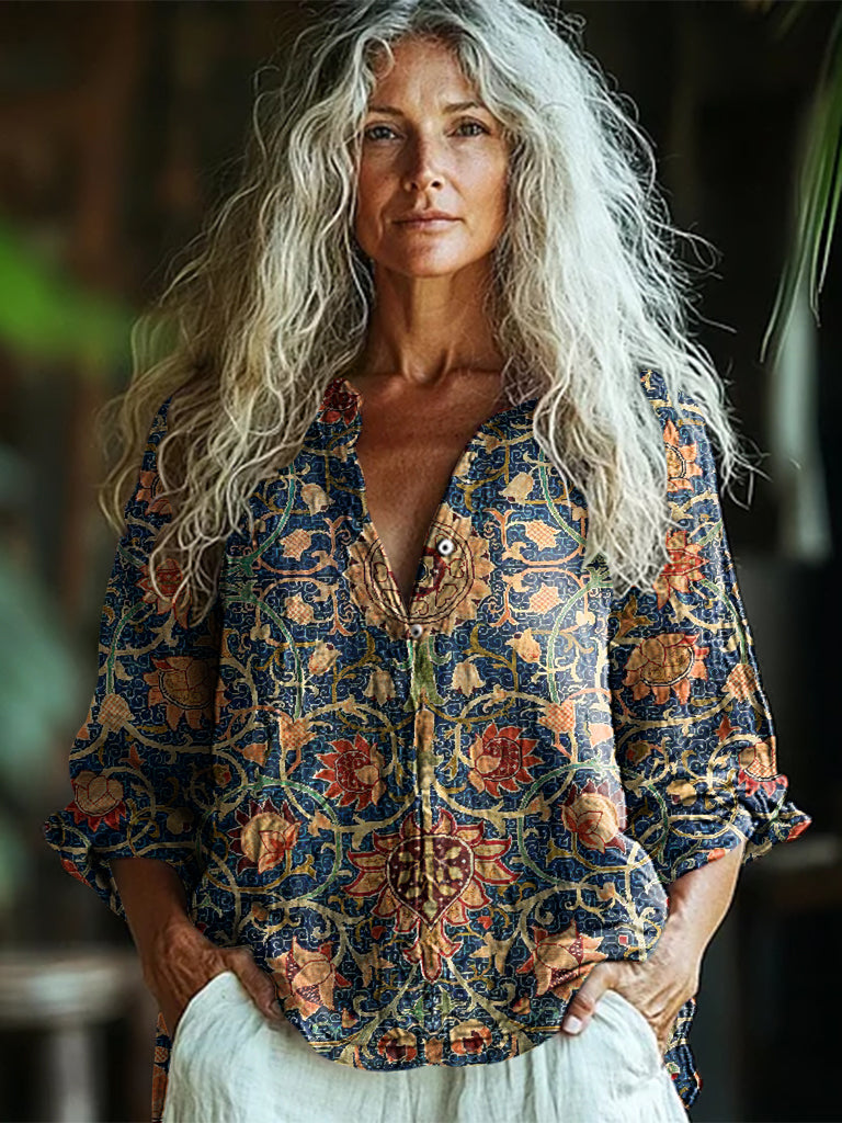 Bohemian Style Holland Park Morris Floral Linen Print  Long Sleeve Shirt artswardrobe
