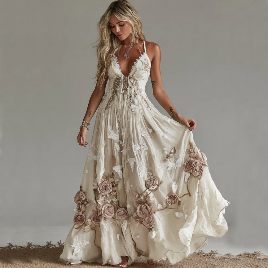 Comstylish Women's Vintage Rose Embroidery Art V-neck Suspender Maxi Dress