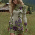 Classy Gradient Purple Lavender And Floral Art Cozy Knit Mini Turtleneck Dress artswardrobe