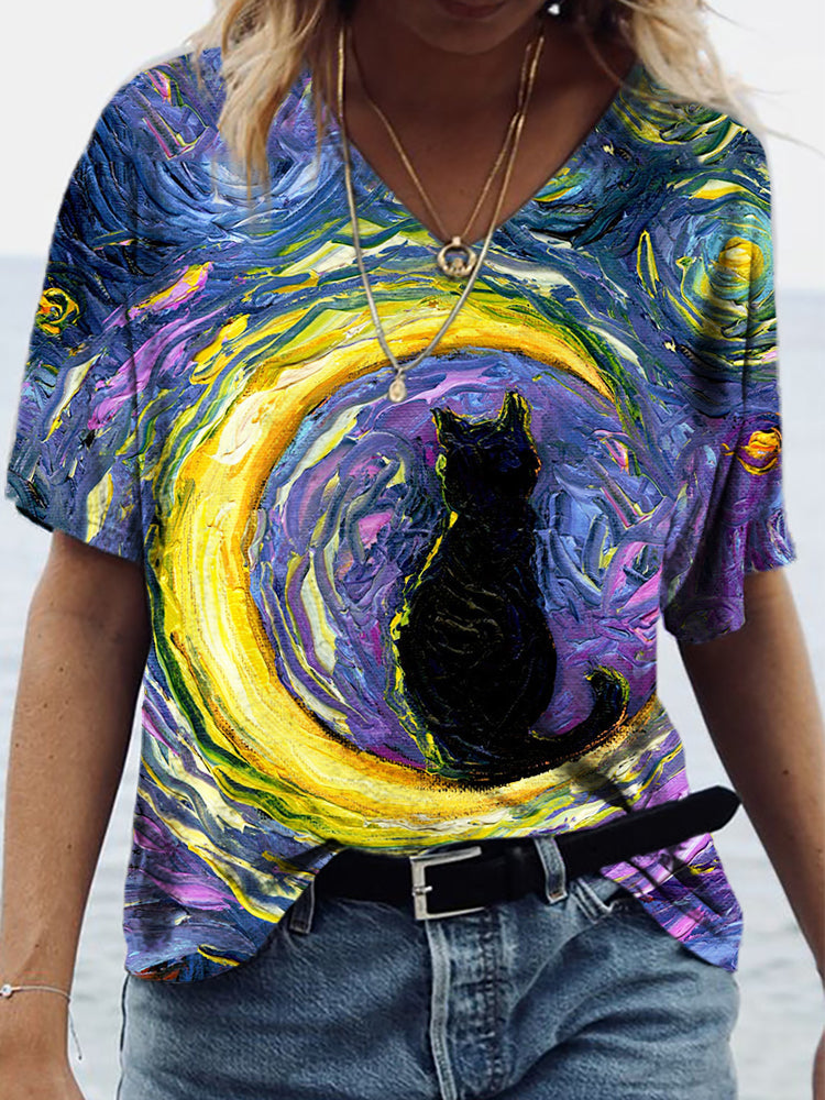 Black Cat On Crescent Moon Starry Night Art T Shirt elevenforest