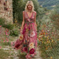 Comstylish Women's Vintage Floral Embroidery Art V-neck Sleeveless Maxi Dress