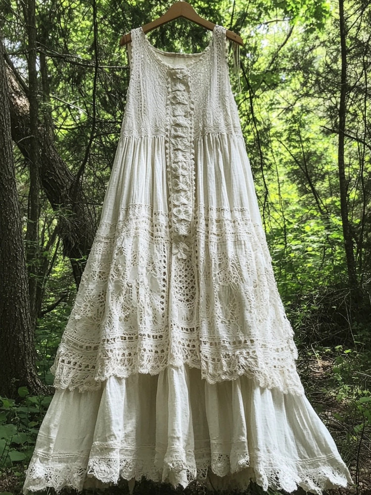 Vintage Floral Lace Patchwork Sleeveless Linen Maxi Dress artswardrobe