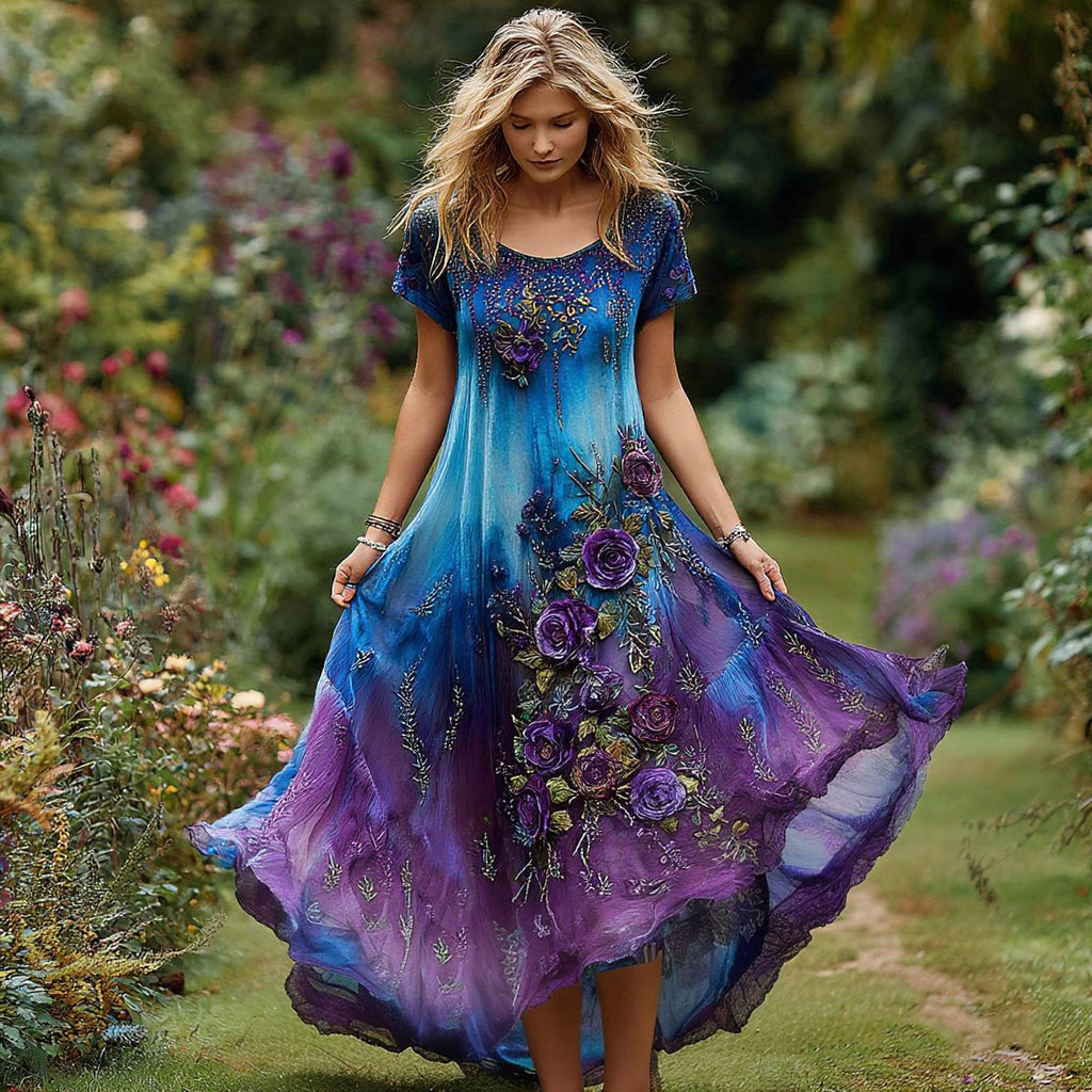 Women's Vintage Floral Embroidery Gradient Pattern Round Neck Dress artswardrobe