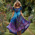 Women's Vintage Floral Embroidery Gradient Pattern Round Neck Dress artswardrobe