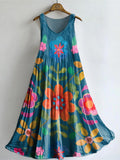 Women's Bohemian Floral Art Print Sleeveless Cotton Pocket Dress