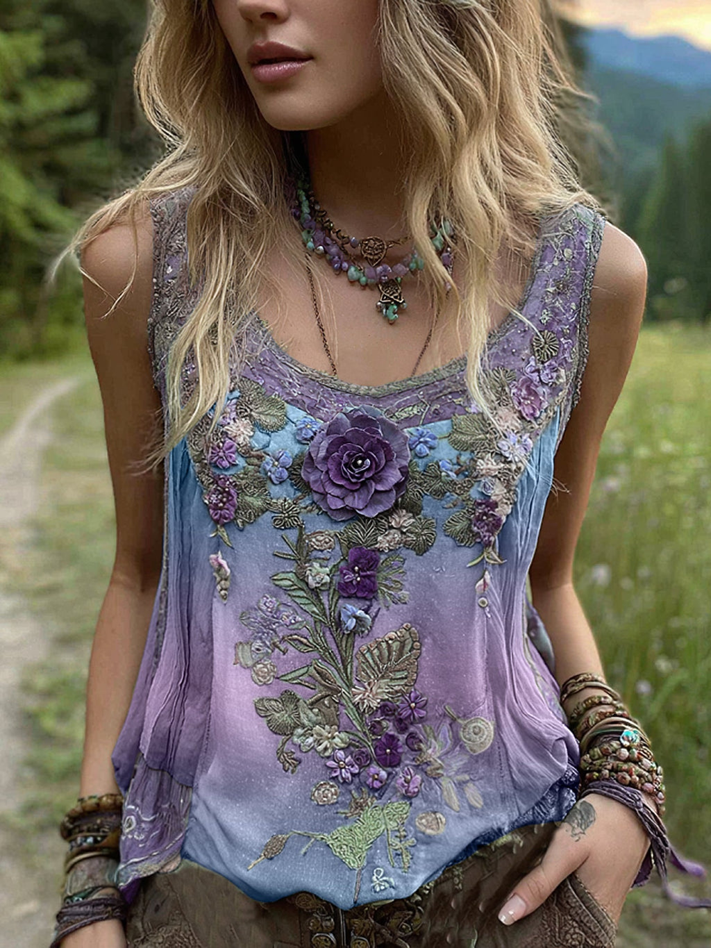 Vintage Classy Gradient Purple Lavender And Floral Embroidered Pattern Linen Tank Top artswardrobe