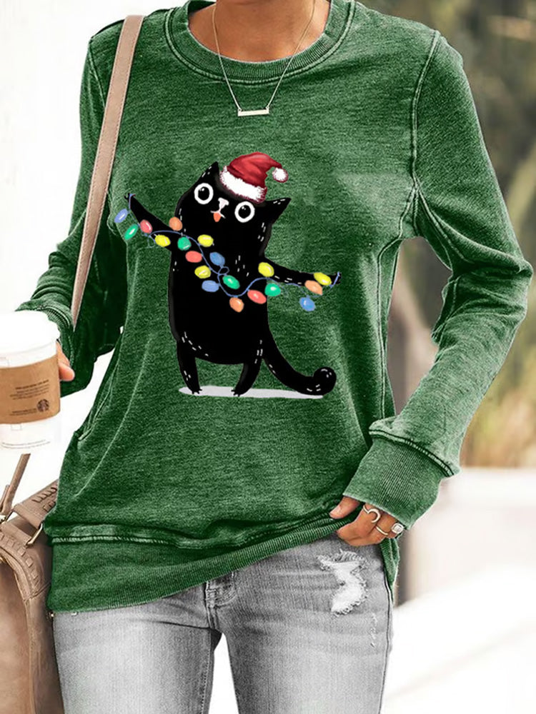 Women's Christmas Lights And Black Cat Print Sweatshirt artswardrobe