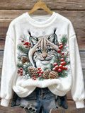 Comstylish Christmas Lynx Animal Pattern Women's Flannel Sweatshirt