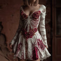 Comstylish Halloween Bloody Red Roses Skeleton Flowy Linen Mini Dress