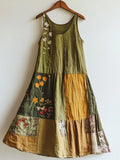 Floral Embroidered Art Linen Blend Patchwork Dress artswardrobe