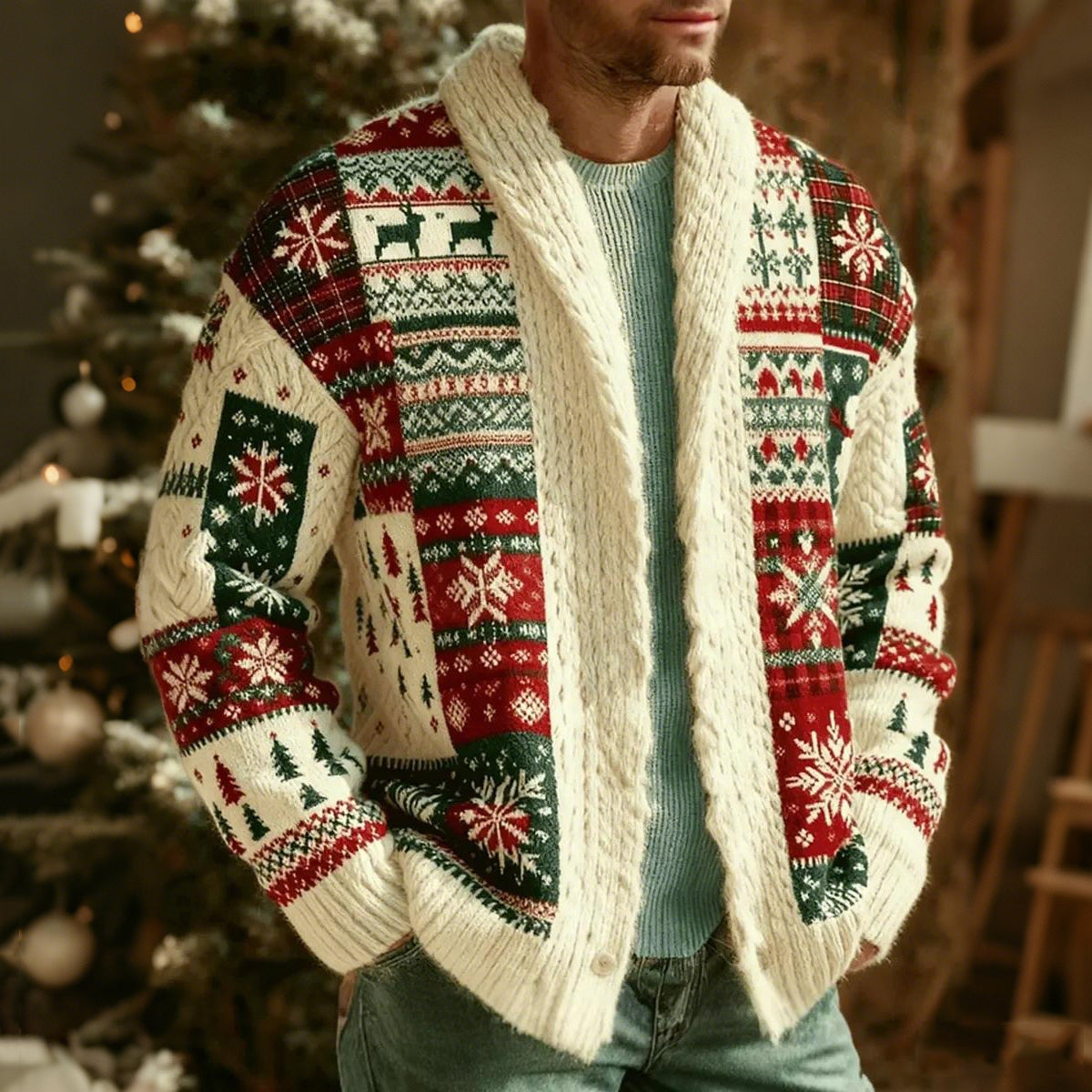 Comstylish Men's Vintage Christmas Pattern Cozy Knitted Sweater Cardigan