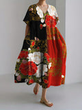 Comstylish Floral Japanese Contrast Art Linen Blend Maxi Dress