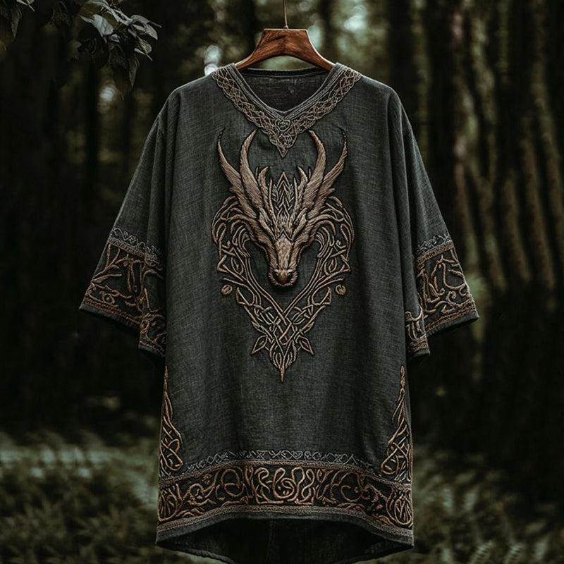 Men's Viking Dragon Head Embroidery Casual T Shirt artswardrobe