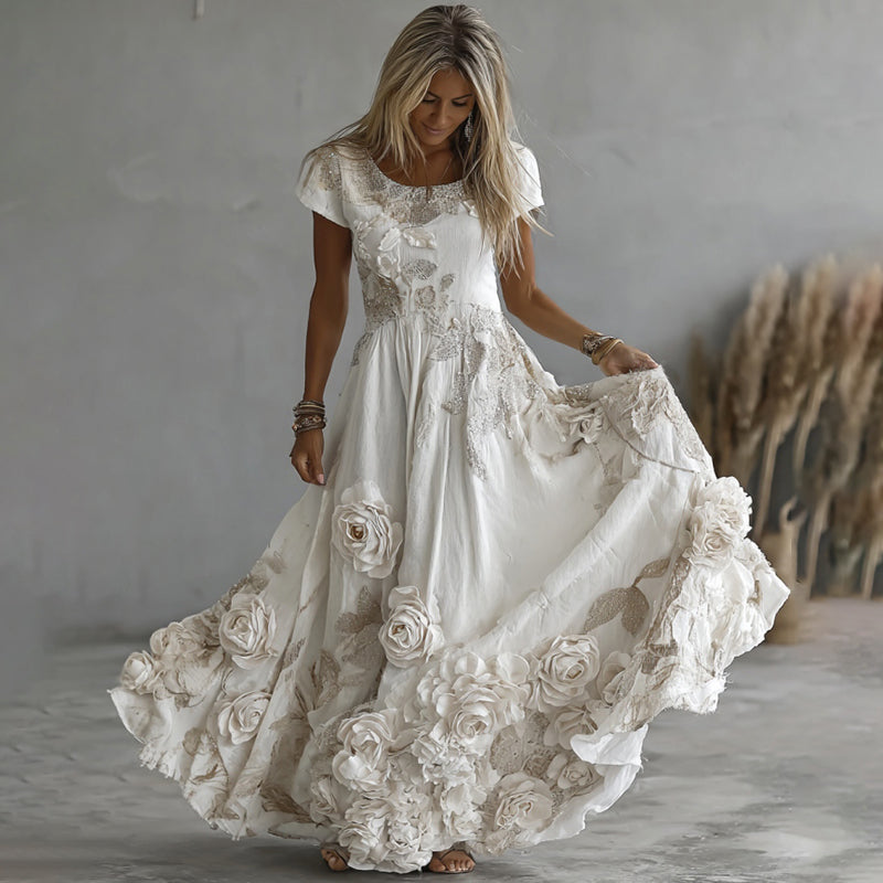 Women's Vintage White Rose Embroidery Art Round Neck Short Sleeve Maxi Dress artswardrobe