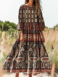 Women's Vintage Bohemian Floral Art Print Flowy Cotton Crew Neck Dress