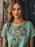 Boho Ethnic Floral Embroidery Women's Linen T-shirt artswardrobe